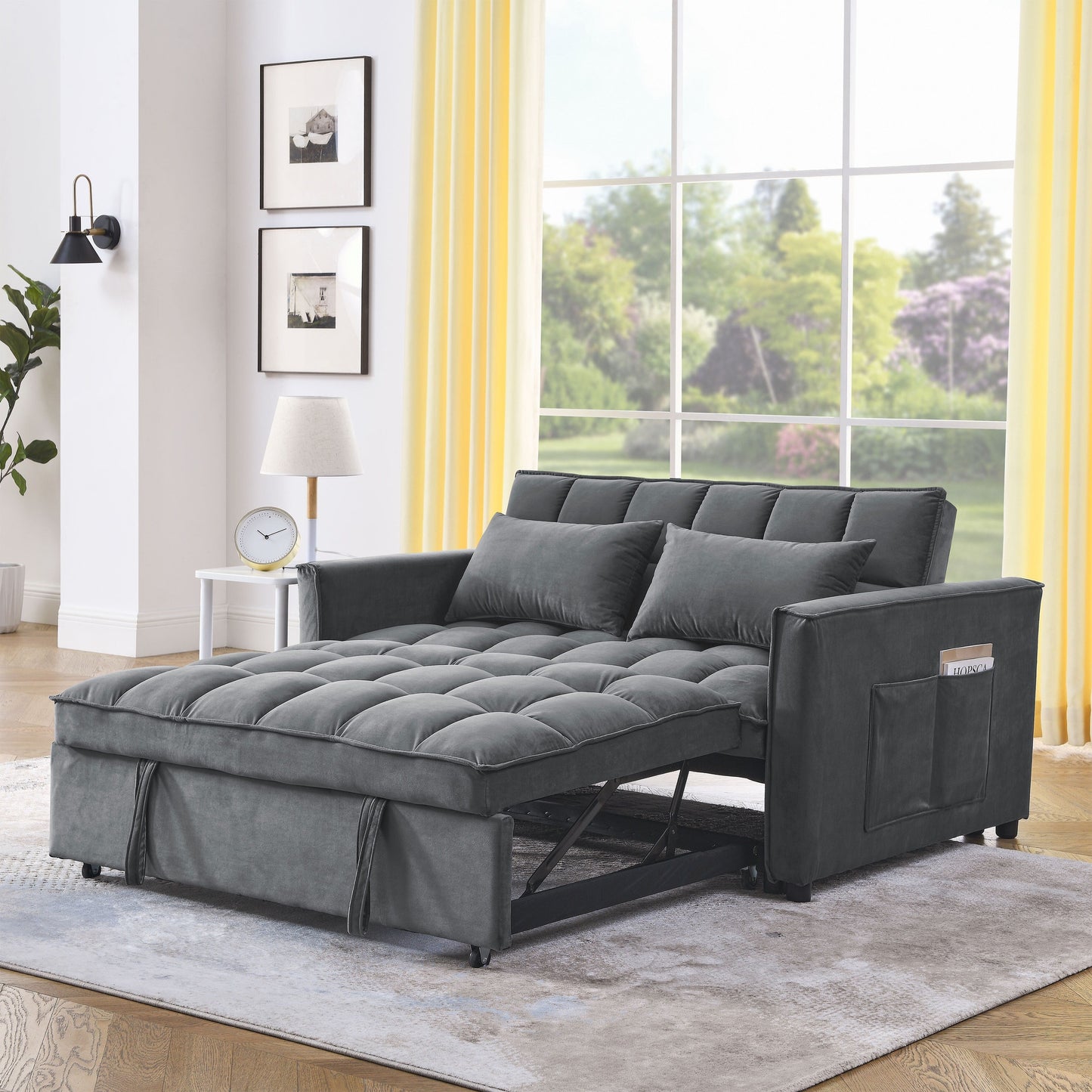 Grey Velvet Pull-Out Loveseat Sofa Bed with Side Pockets