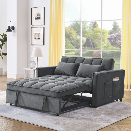 Grey Velvet Pull-Out Loveseat Sofa Bed with Side Pockets