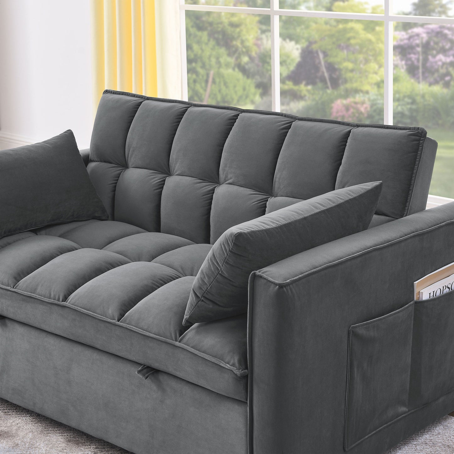 Grey Velvet Pull-Out Loveseat Sofa Bed with Side Pockets