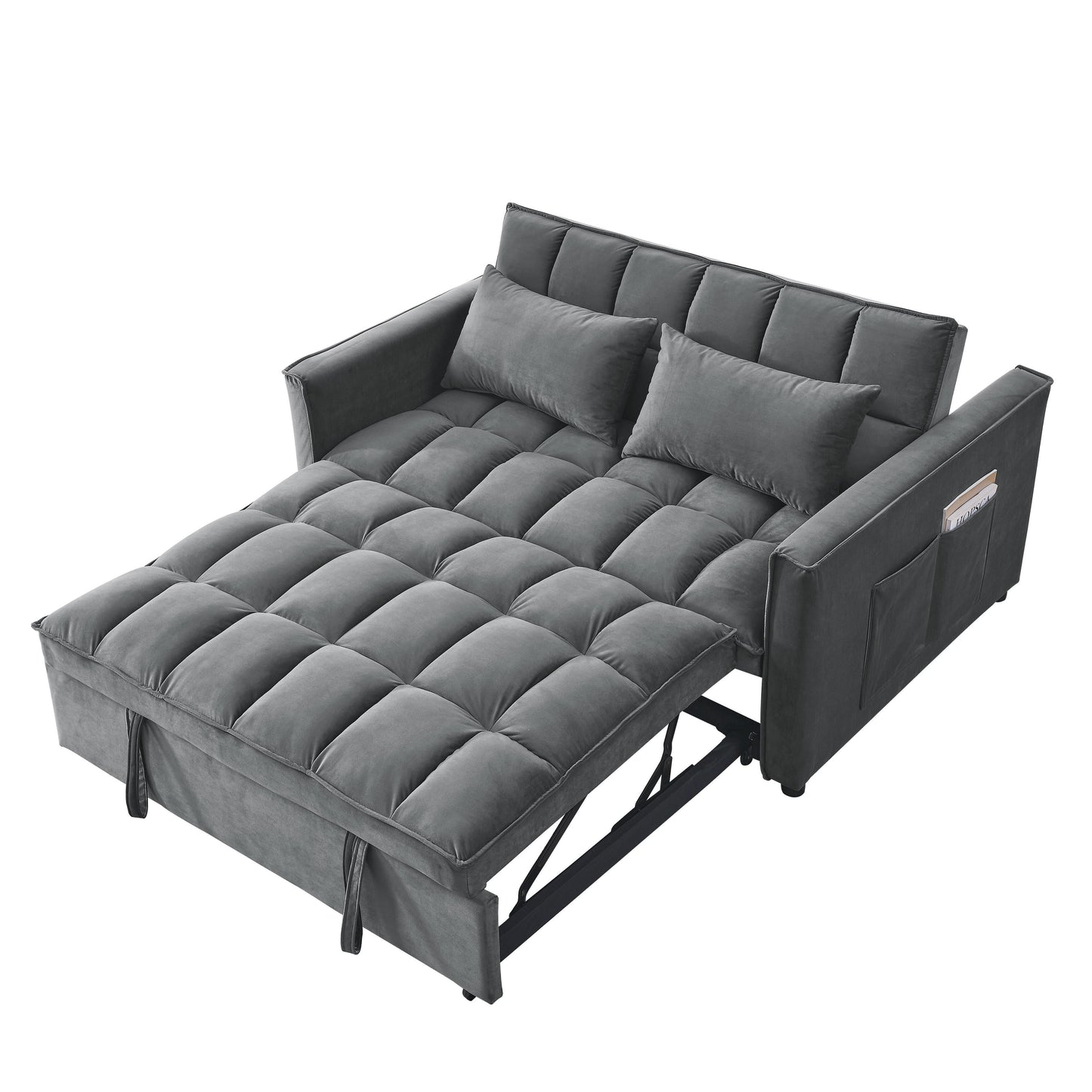 Grey Velvet Pull-Out Loveseat Sofa Bed with Side Pockets