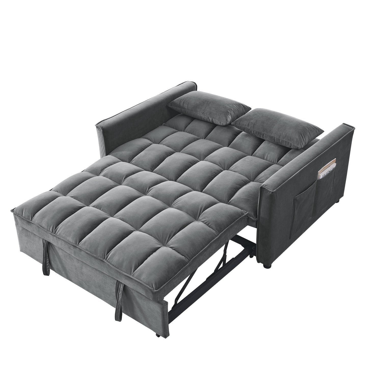Grey Velvet Pull-Out Loveseat Sofa Bed with Side Pockets