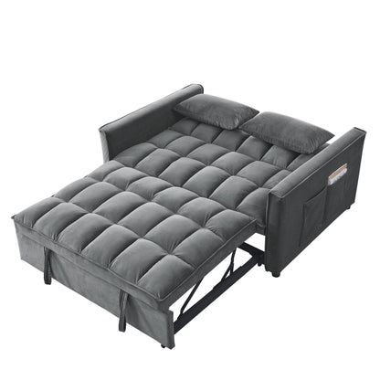 Grey Velvet Pull-Out Loveseat Sofa Bed with Side Pockets