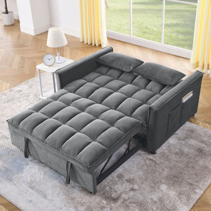 Grey Velvet Pull-Out Loveseat Sofa Bed with Side Pockets
