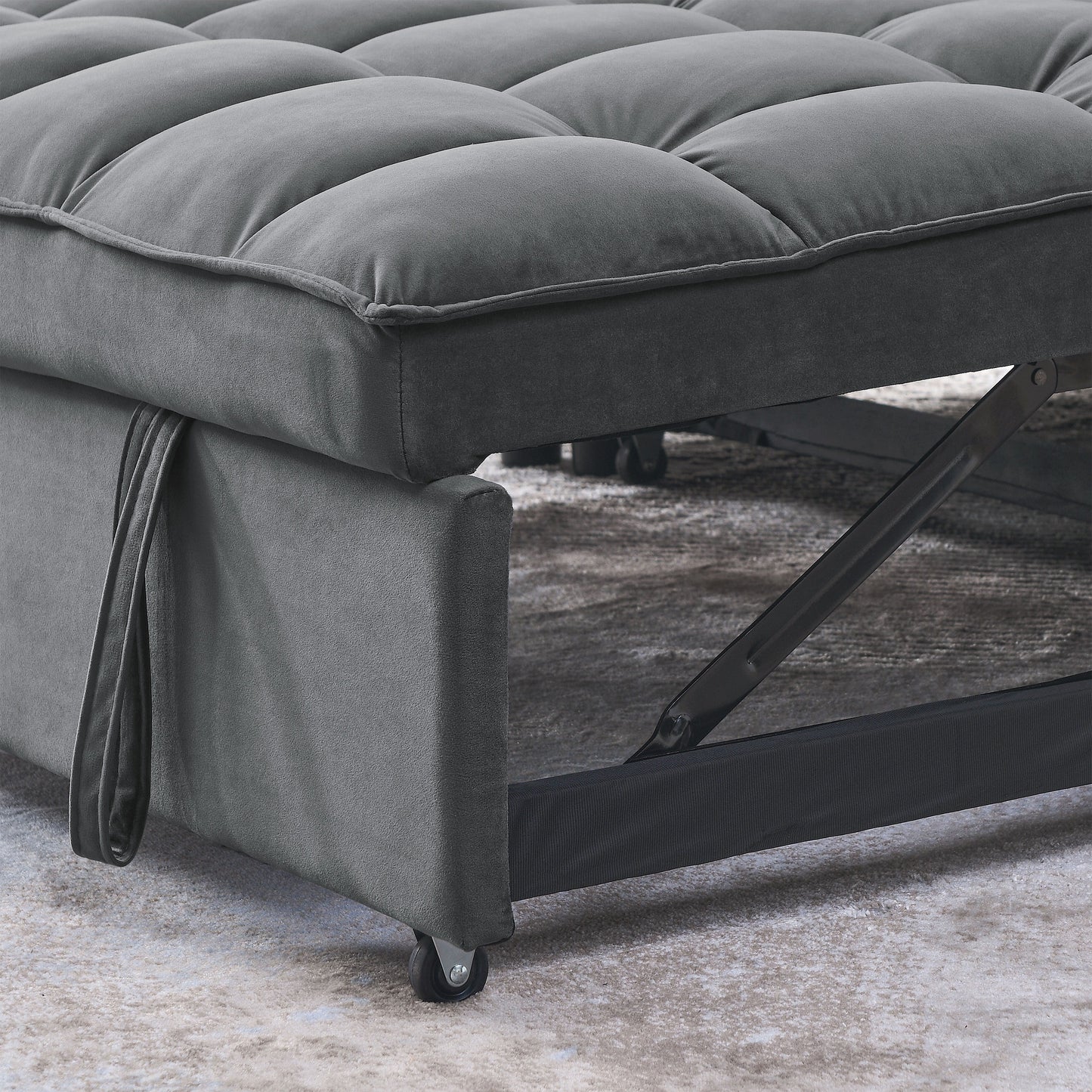 Grey Velvet Pull-Out Loveseat Sofa Bed with Side Pockets