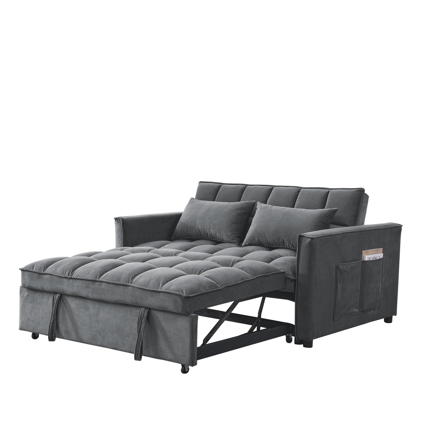 Grey Velvet Pull-Out Loveseat Sofa Bed with Side Pockets