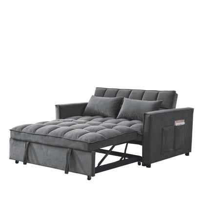 Grey Velvet Pull-Out Loveseat Sofa Bed with Side Pockets