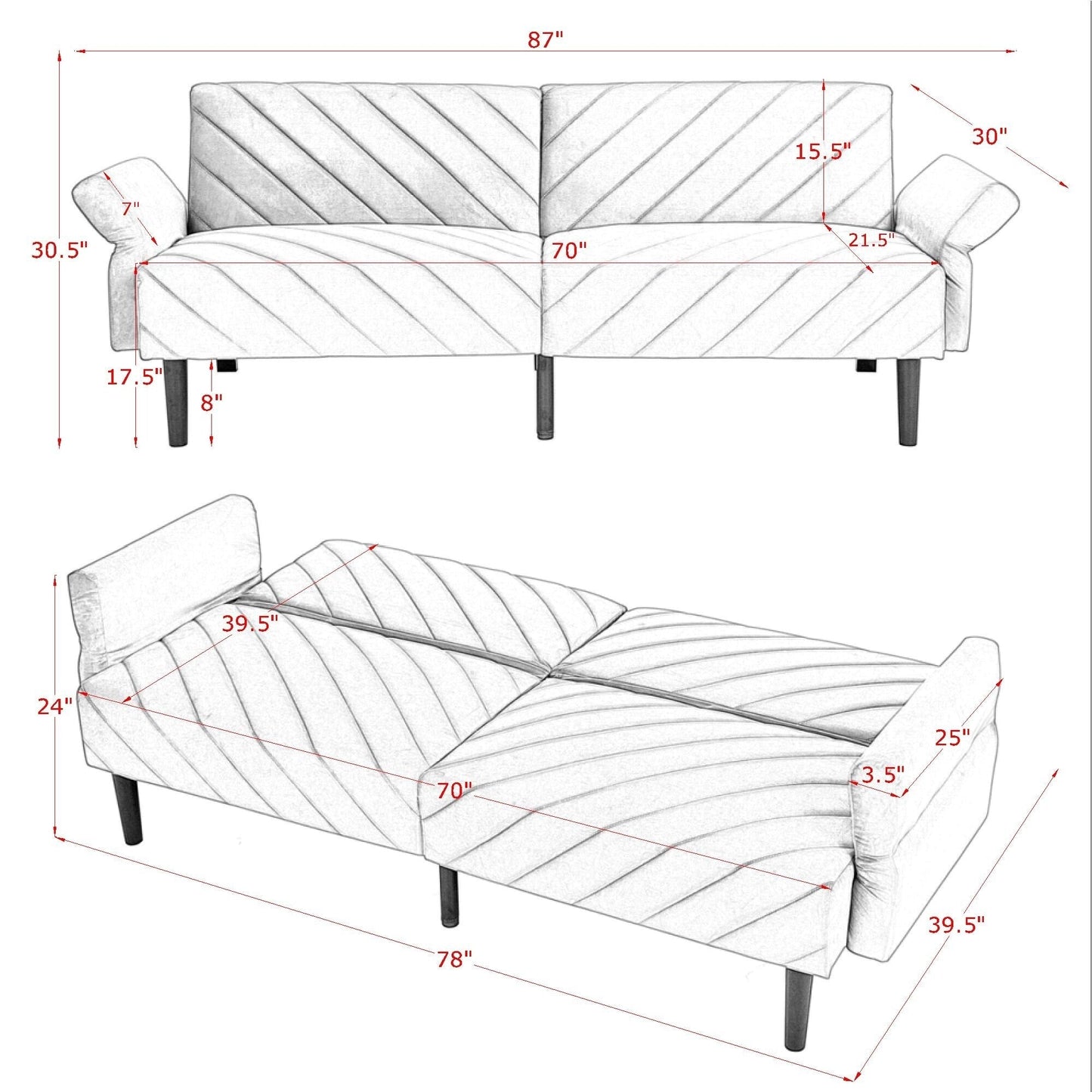 Grey Velvet Tufted Convertible Futon Sofa Bed
