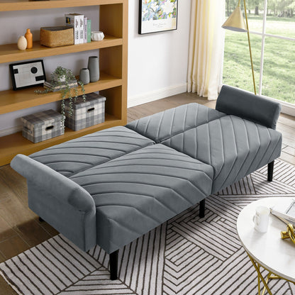 Grey Velvet Tufted Convertible Futon Sofa Bed