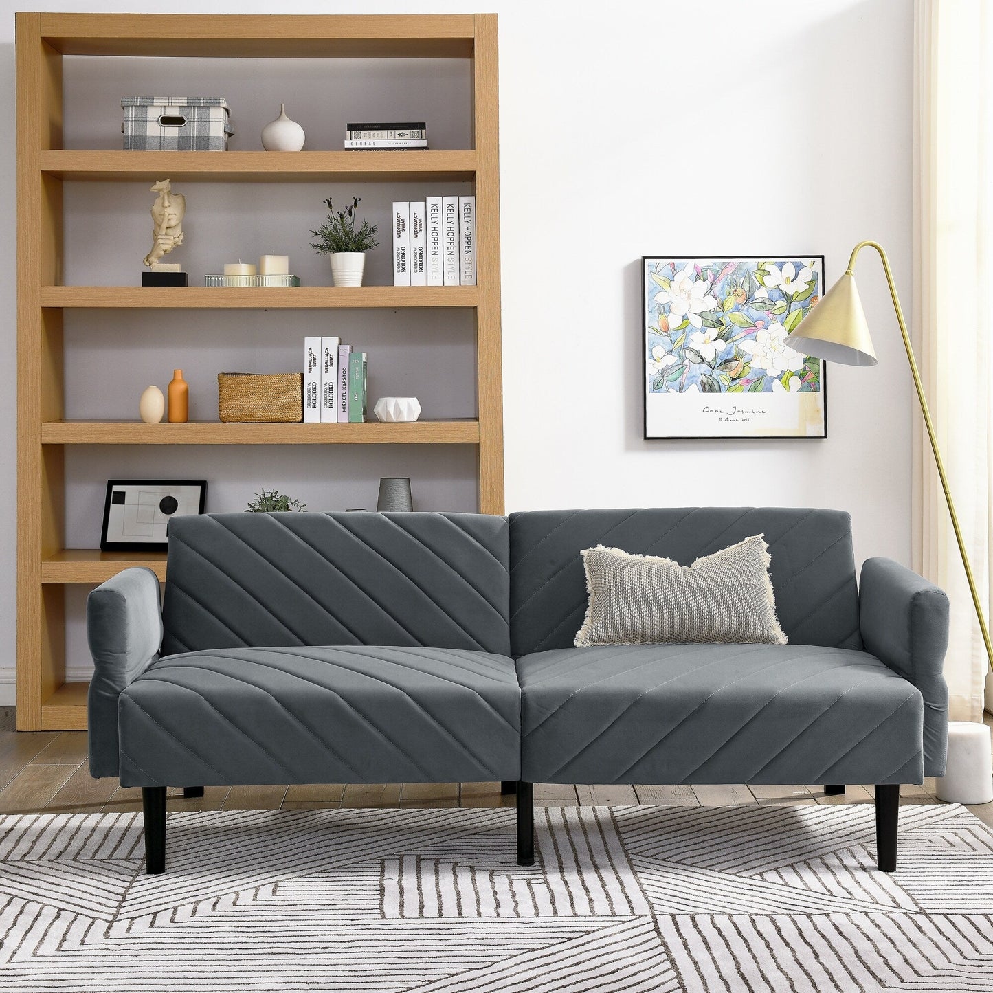 Grey Velvet Tufted Convertible Futon Sofa Bed