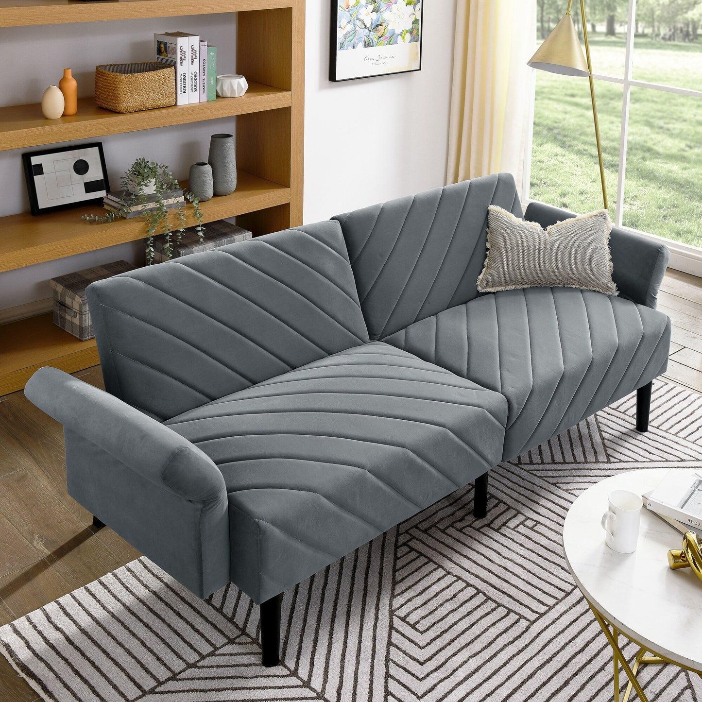 Grey Velvet Tufted Convertible Futon Sofa Bed