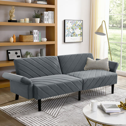 Grey Velvet Tufted Convertible Futon Sofa Bed