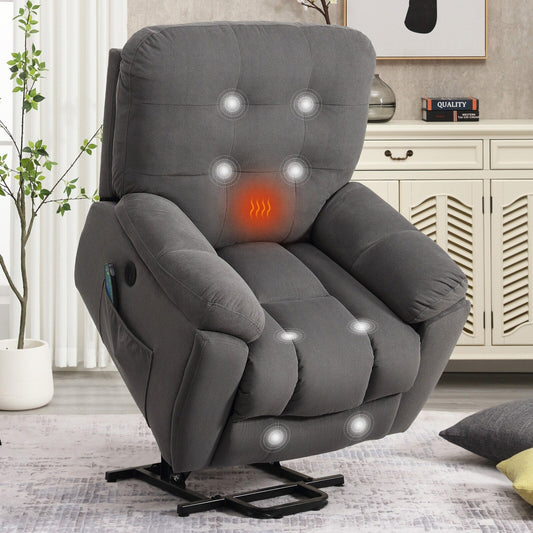 Grey Vibration Massage Lift Recliner featuring Heating, USB Port, Concealed Cup Holders, and Side Pockets