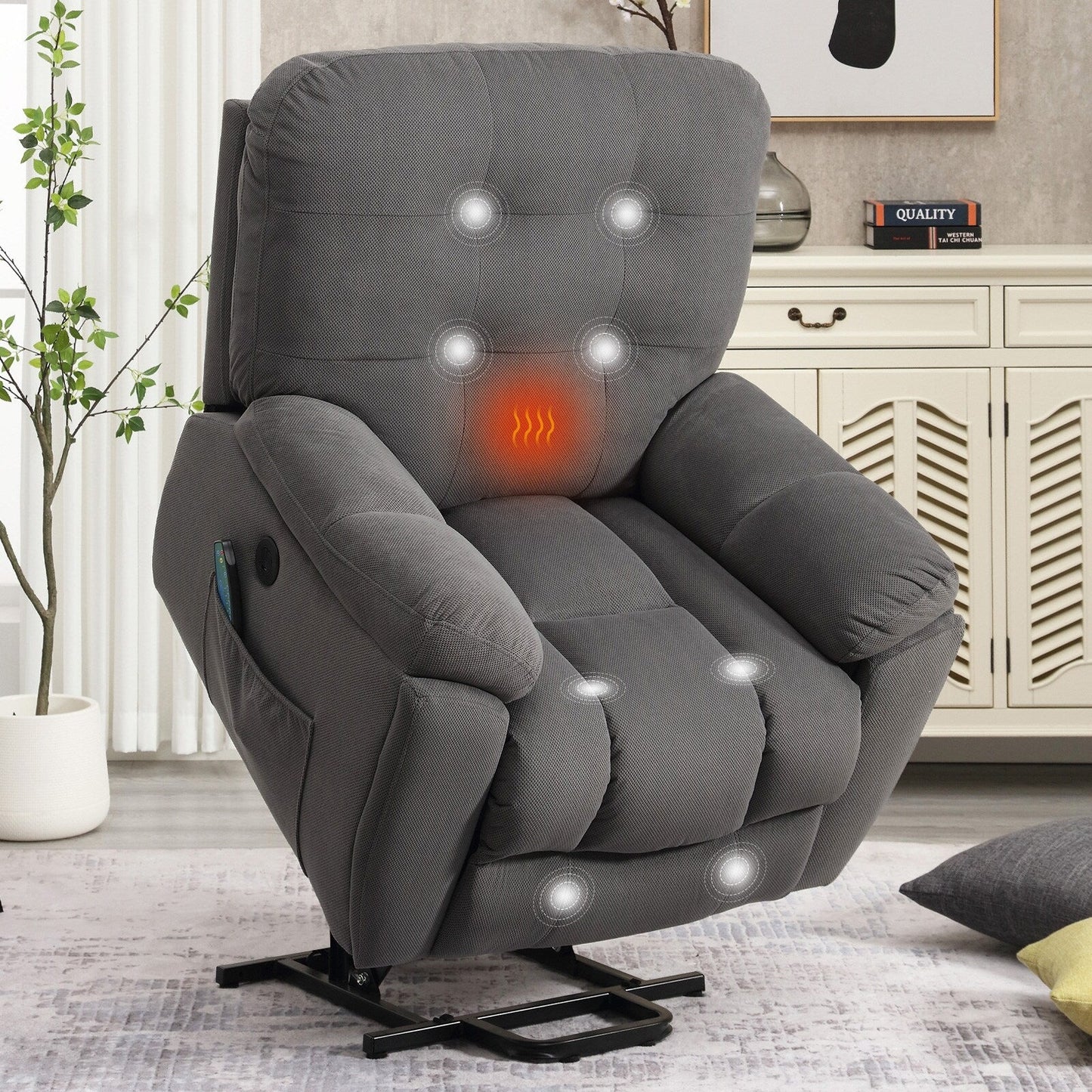Grey Vibration Massage Lift Recliner with Heating, USB Port, Hidden Cup Holders, and Side Pockets, Adjustable Recline Options