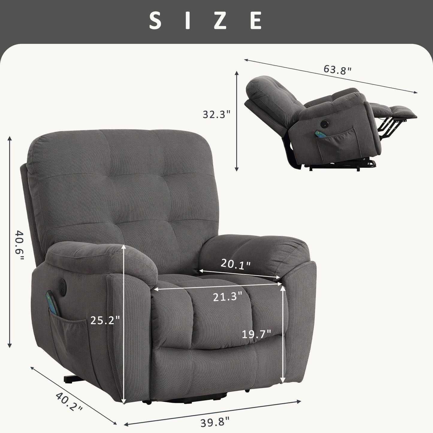 Grey Vibration Massage Lift Recliner with Heating, USB Port, Hidden Cup Holders, and Side Pockets, Adjustable Recline Options
