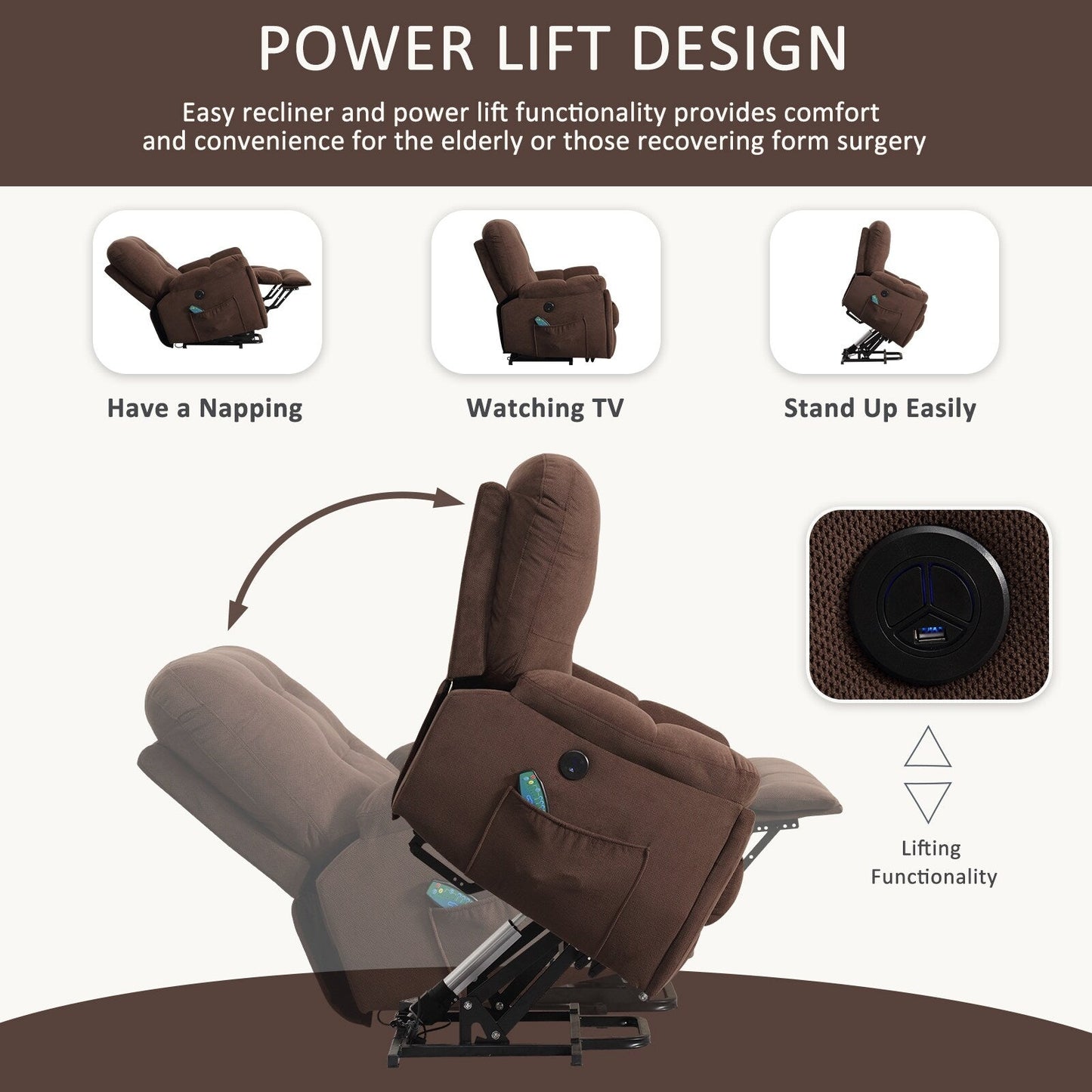 Grey Vibration Massage Lift Recliner with Heating, USB Port, Hidden Cup Holders, and Side Pockets, Adjustable Recline Options