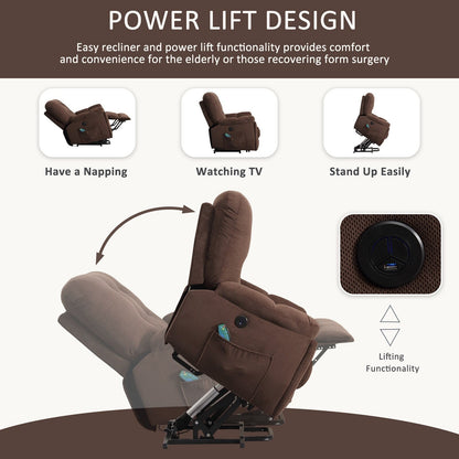 Grey Vibration Massage Lift Recliner with Heating, USB Port, Hidden Cup Holders, and Side Pockets, Adjustable Recline Options