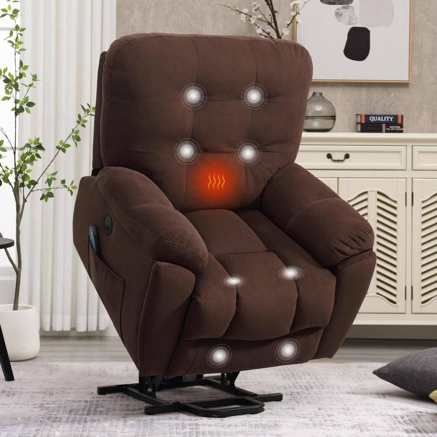Grey Vibration Massage Lift Recliner with Heating, USB Port, Hidden Cup Holders, and Side Pockets, Adjustable Recline Options