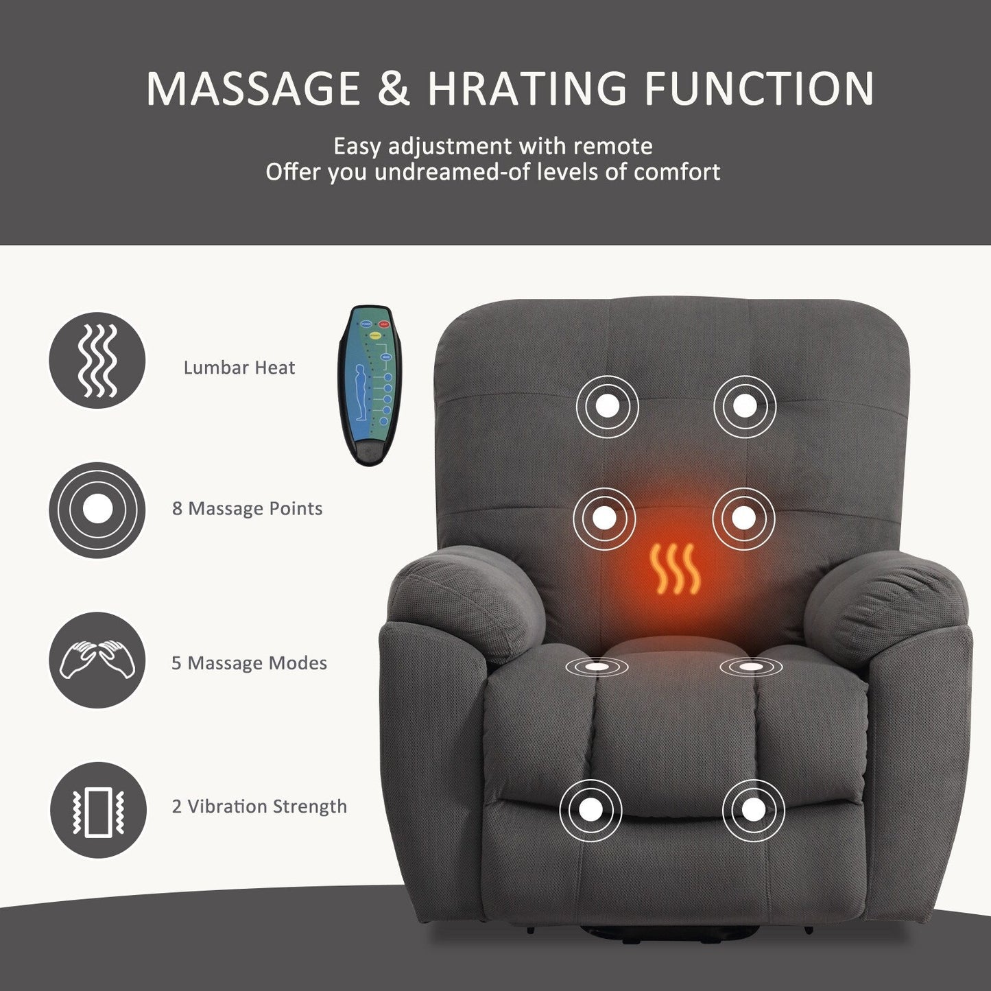 Grey Vibration Massage Lift Recliner with Heating, USB Port, Hidden Cup Holders, and Side Pockets, Adjustable Recline Options