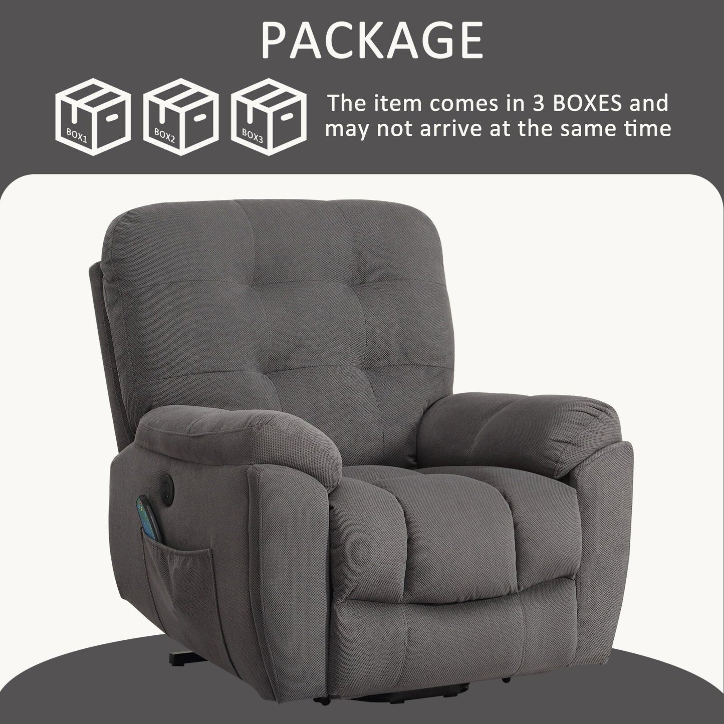 Grey Vibration Massage Lift Recliner with Heating, USB Port, Hidden Cup Holders, and Side Pockets, Adjustable Recline Options