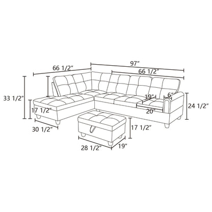Grey White Corduroy 3-Piece Living Room Sofa Set