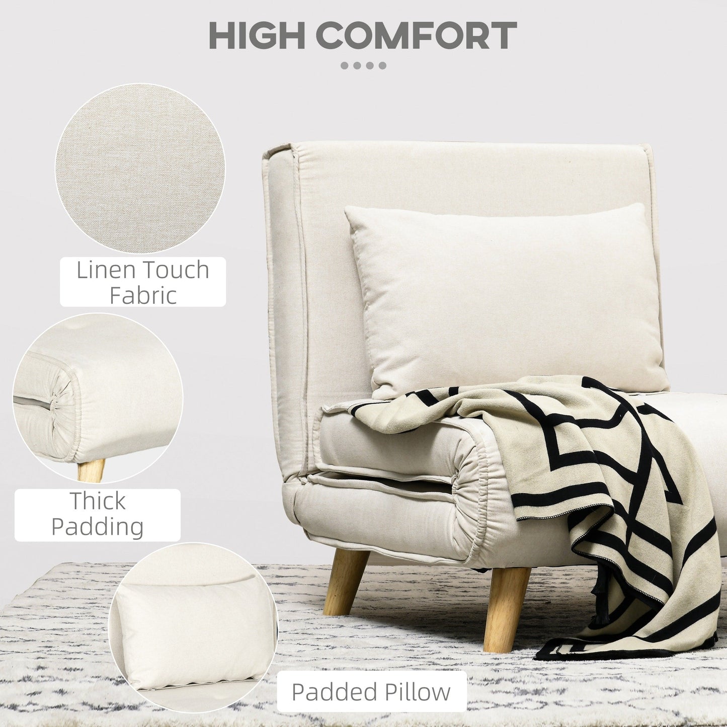 HOMCOM Convertible Chair Bed, 2-in-1 Multi-Functional Sofa Bed, Sleeper Chair with Adjustable Backrest for Living Room,Beige