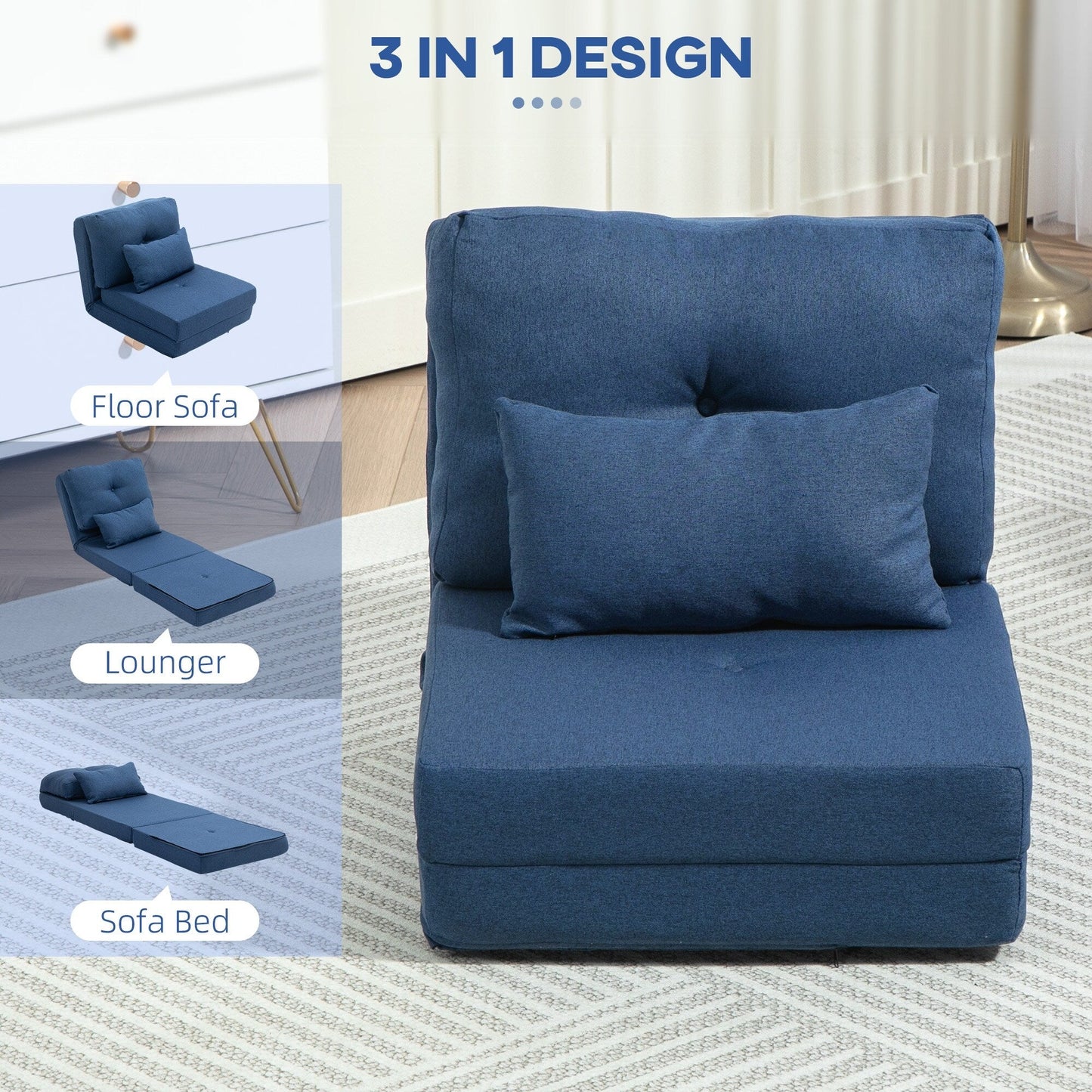 HOMCOM Convertible Flip Folding Upholstered Chair, Floor Lazy Sofa Bed