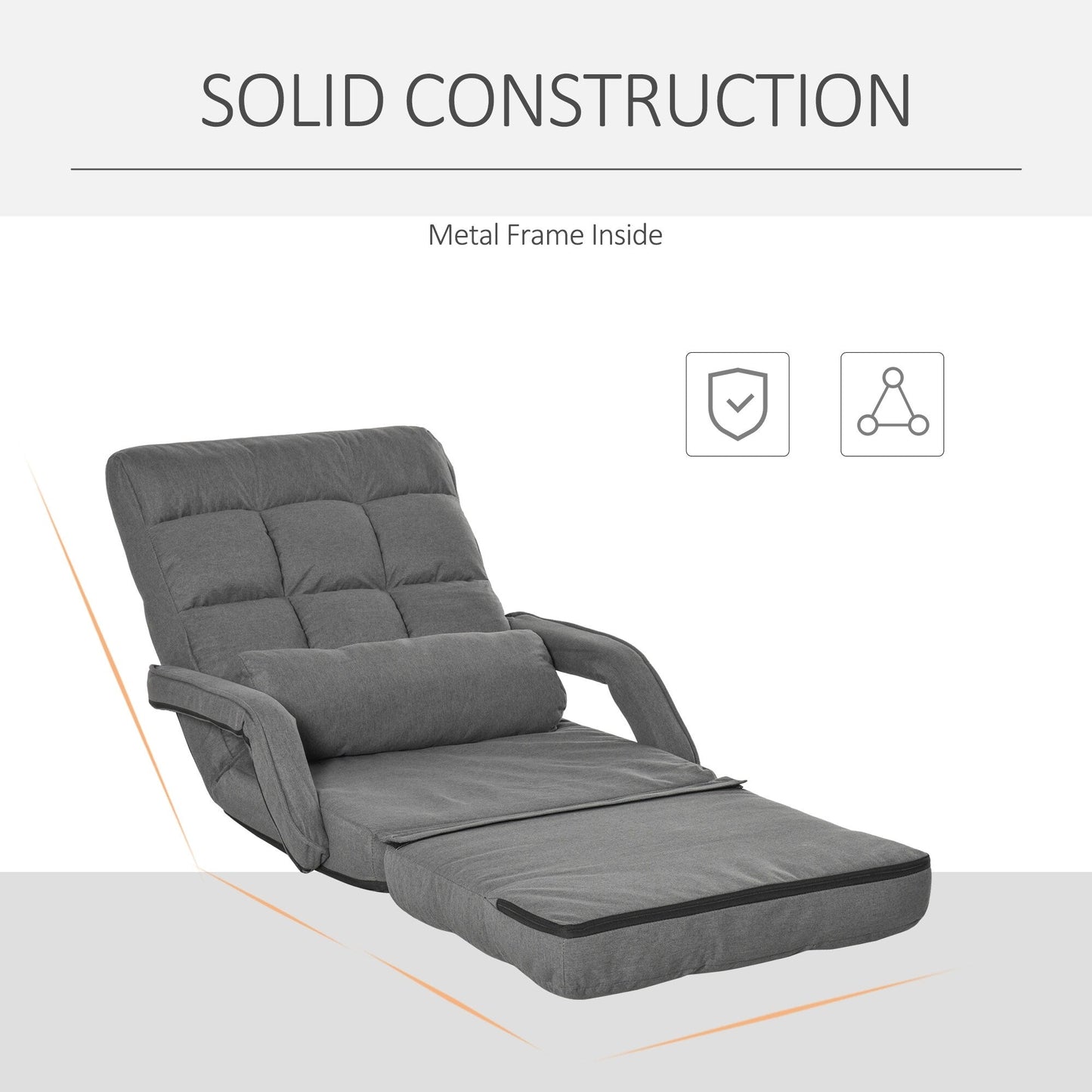 HOMCOM Convertible Floor Sofa Bed, Recliner Armchair Upholstered Sleeper Chair with Pillow for Living Room Bedroom Lounge, Grey