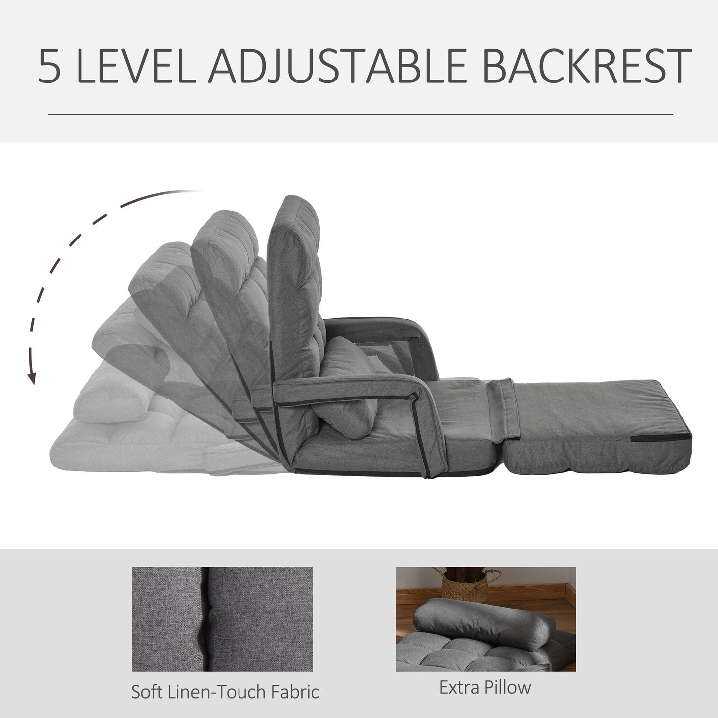 HOMCOM Convertible Floor Sofa Bed, Recliner Armchair Upholstered Sleeper Chair with Pillow for Living Room Bedroom Lounge, Grey