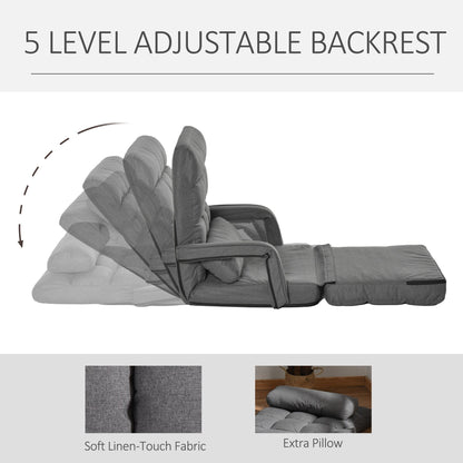 HOMCOM Convertible Floor Sofa Bed, Recliner Armchair Upholstered Sleeper Chair with Pillow for Living Room Bedroom Lounge, Grey