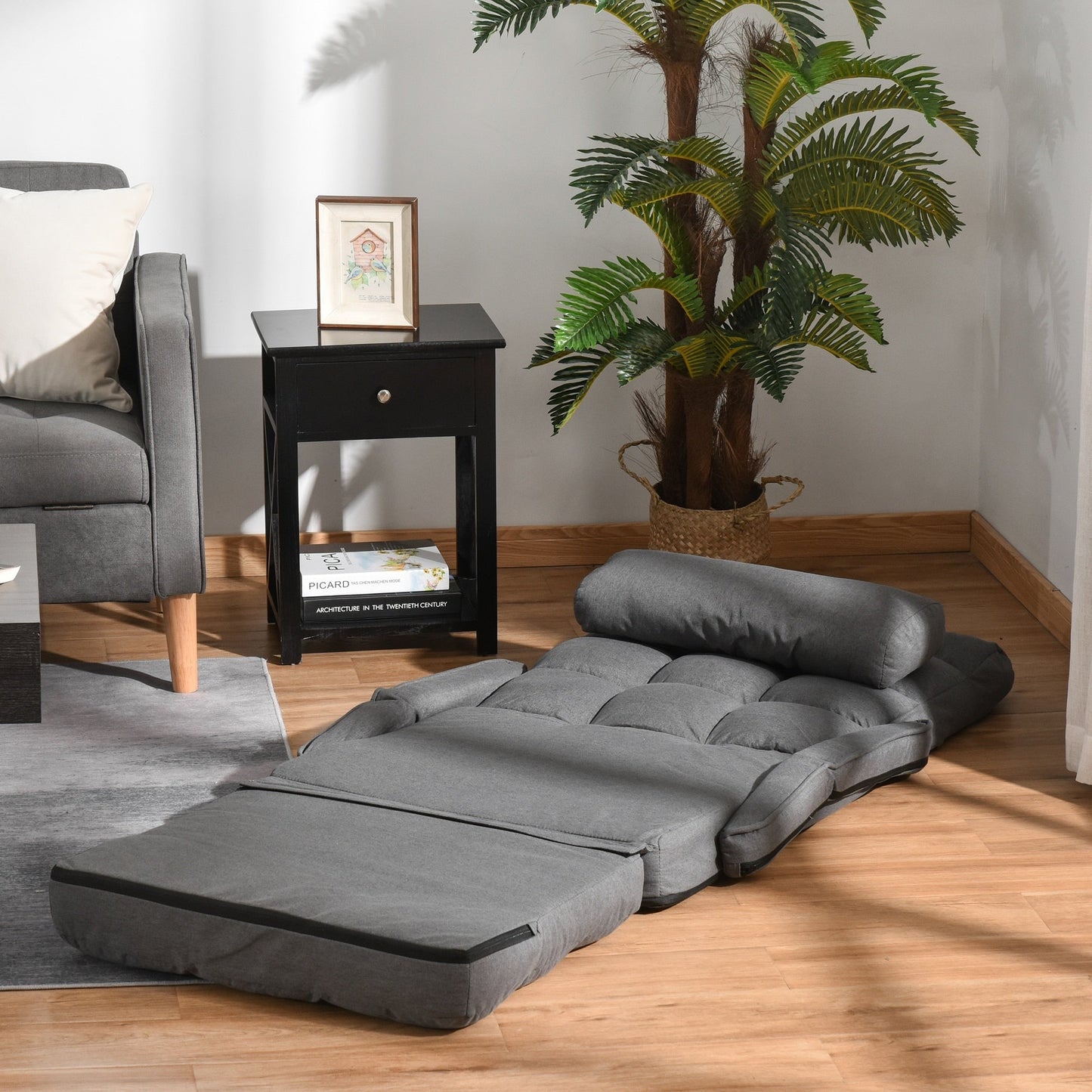 HOMCOM Convertible Floor Sofa Bed, Recliner Armchair Upholstered Sleeper Chair with Pillow for Living Room Bedroom Lounge, Grey