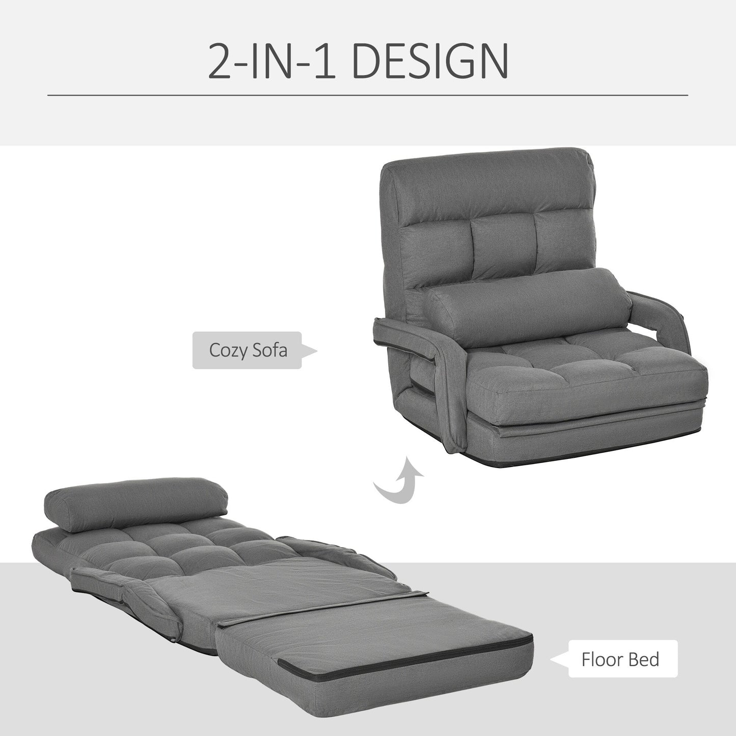 HOMCOM Convertible Floor Sofa Bed, Recliner Armchair Upholstered Sleeper Chair with Pillow for Living Room Bedroom Lounge, Grey