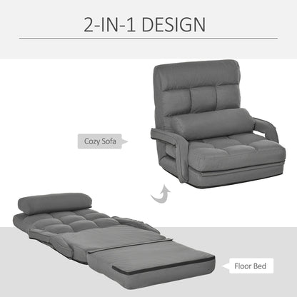 HOMCOM Convertible Floor Sofa Bed, Recliner Armchair Upholstered Sleeper Chair with Pillow for Living Room Bedroom Lounge, Grey