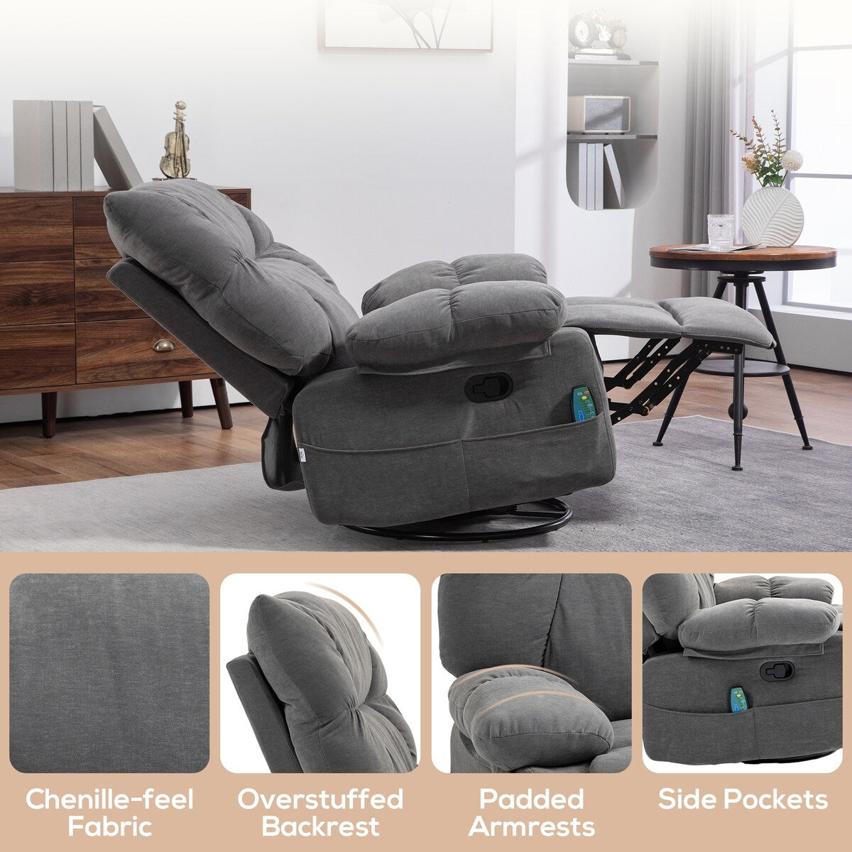 HOMCOM Dark Gray Vibration Massage Chair Recliner with Heat, Oversized Swivel Rocker Chair, Single Sofa