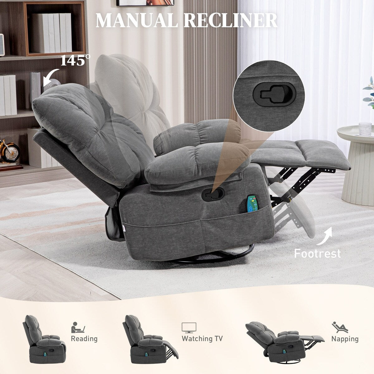 HOMCOM Dark Gray Vibration Massage Chair Recliner with Heat, Oversized Swivel Rocker Chair, Single Sofa