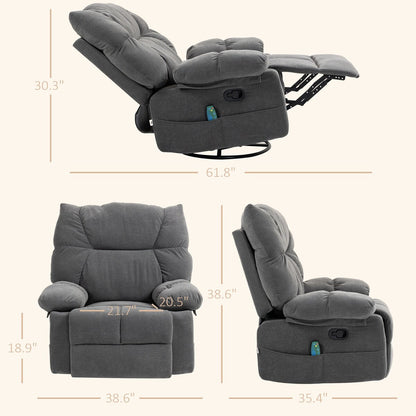HOMCOM Dark Gray Vibration Massage Chair Recliner with Heat, Oversized Swivel Rocker Chair, Single Sofa