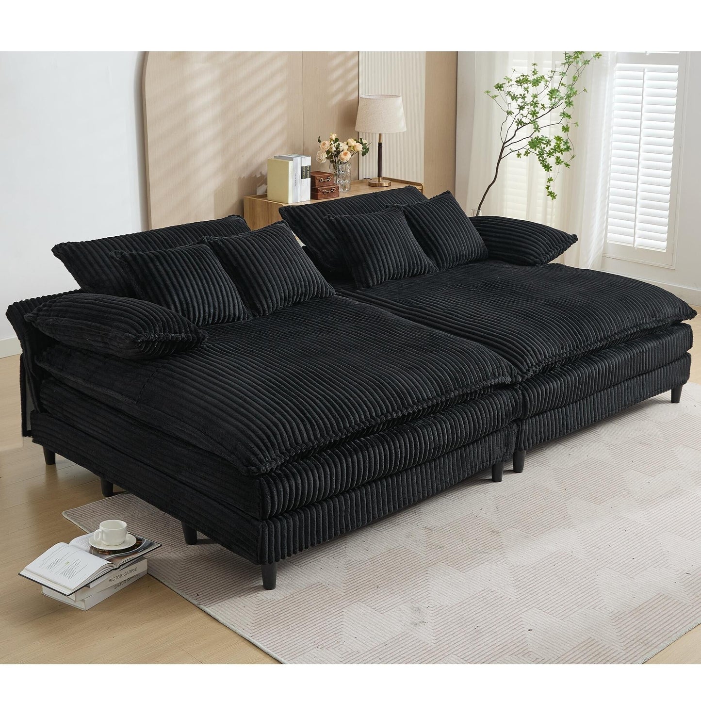 Harmonia 109 W Oversized Corduroy Sofa Bed, Deep Seat Double Lounge Chaise with 4 Pillows