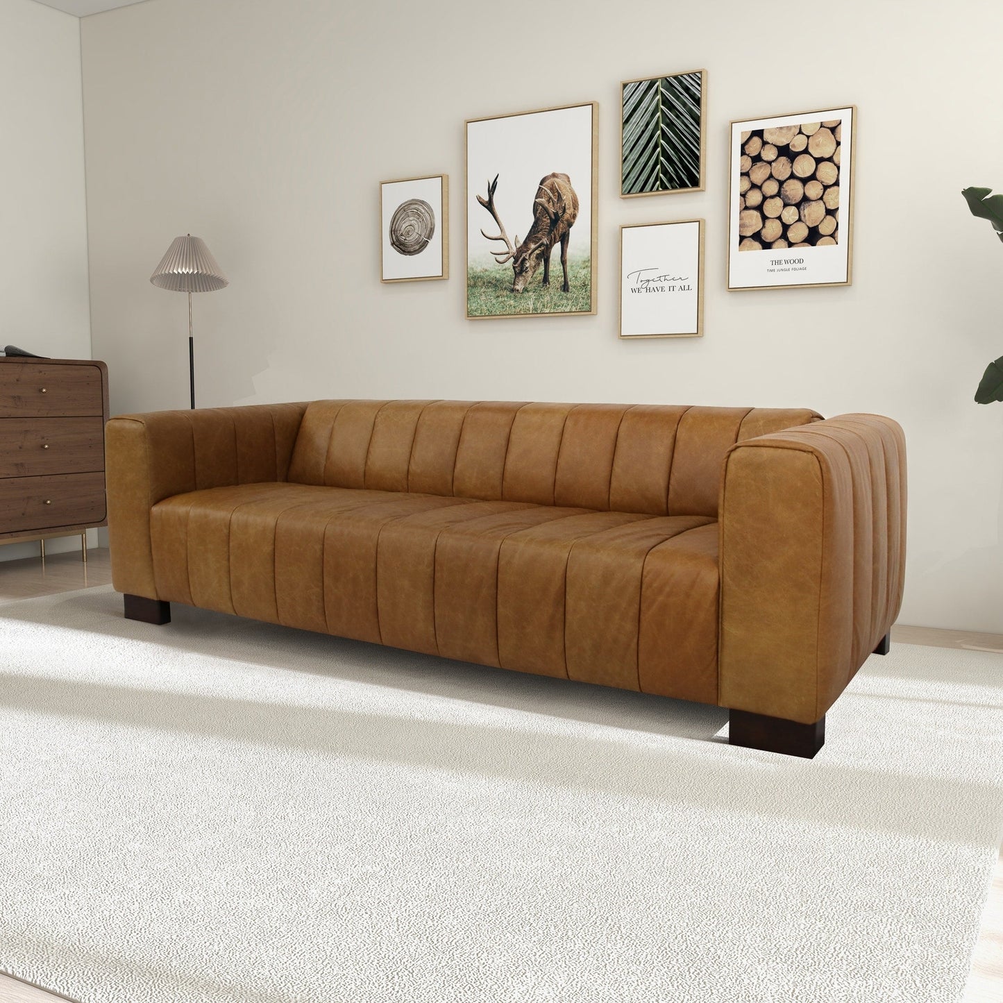 Hazel 93 Wide Mid Century Modern Living Room Leather Couch in Tan
