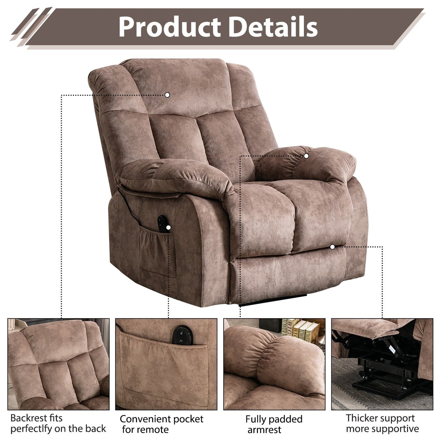 Heavy Duty Power Lift Recliner Chair for Elderly with Overstuffed Design