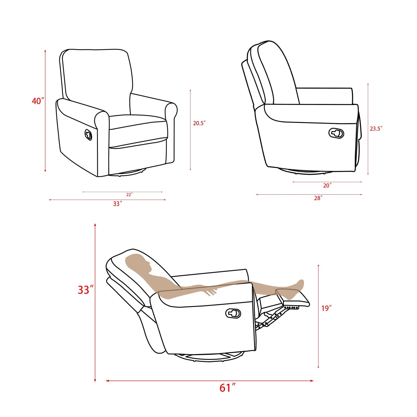 Heido 360 Degree Swivel Glider Manual Recliner Leisure Chair Set of 2