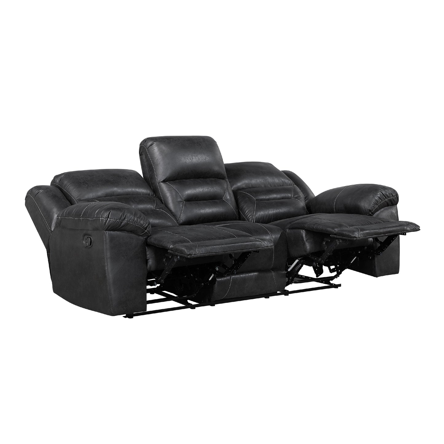Henry Manual Double Reclining Sofa in Pillow Tufted Black Microfiber