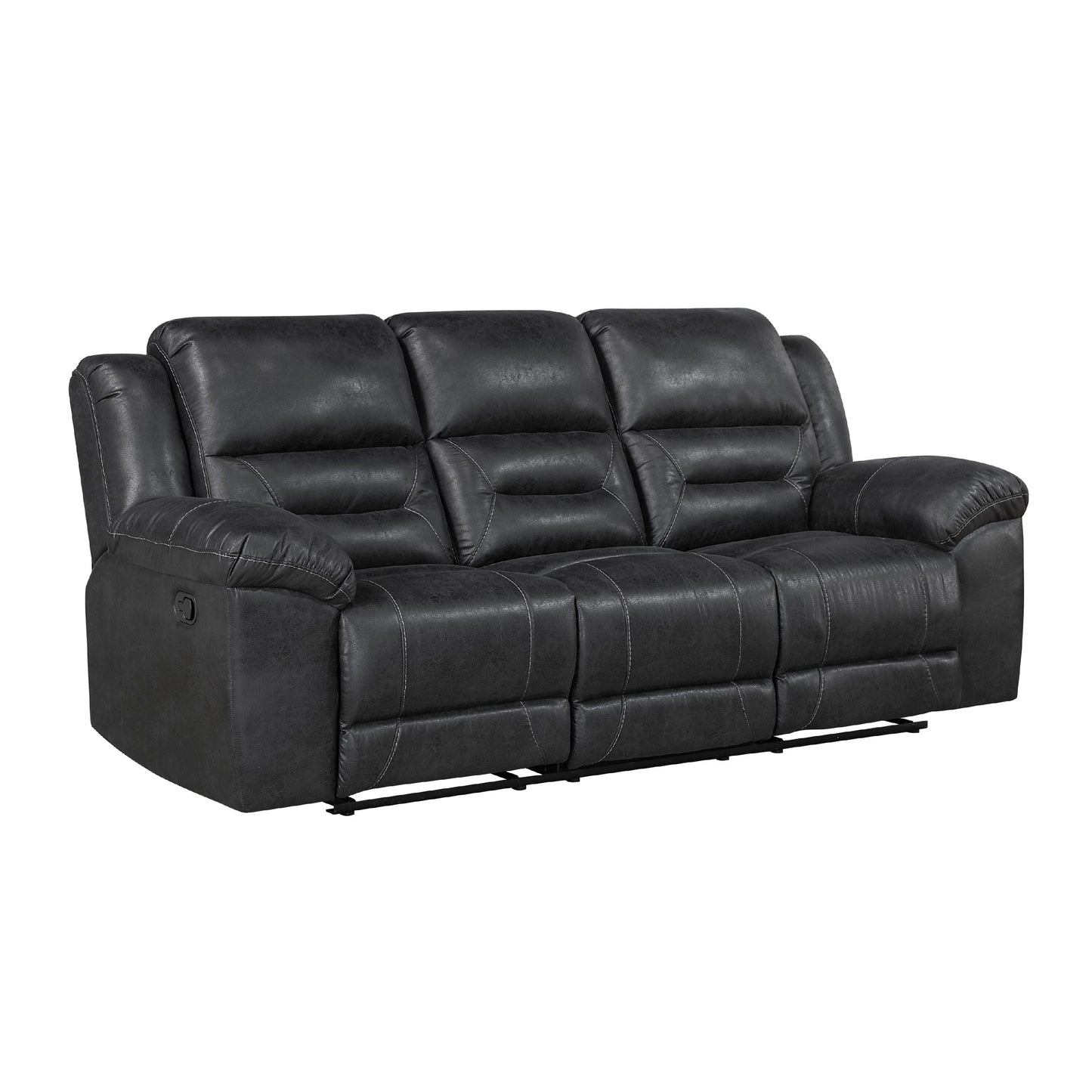 Henry Manual Double Reclining Sofa in Pillow Tufted Black Microfiber