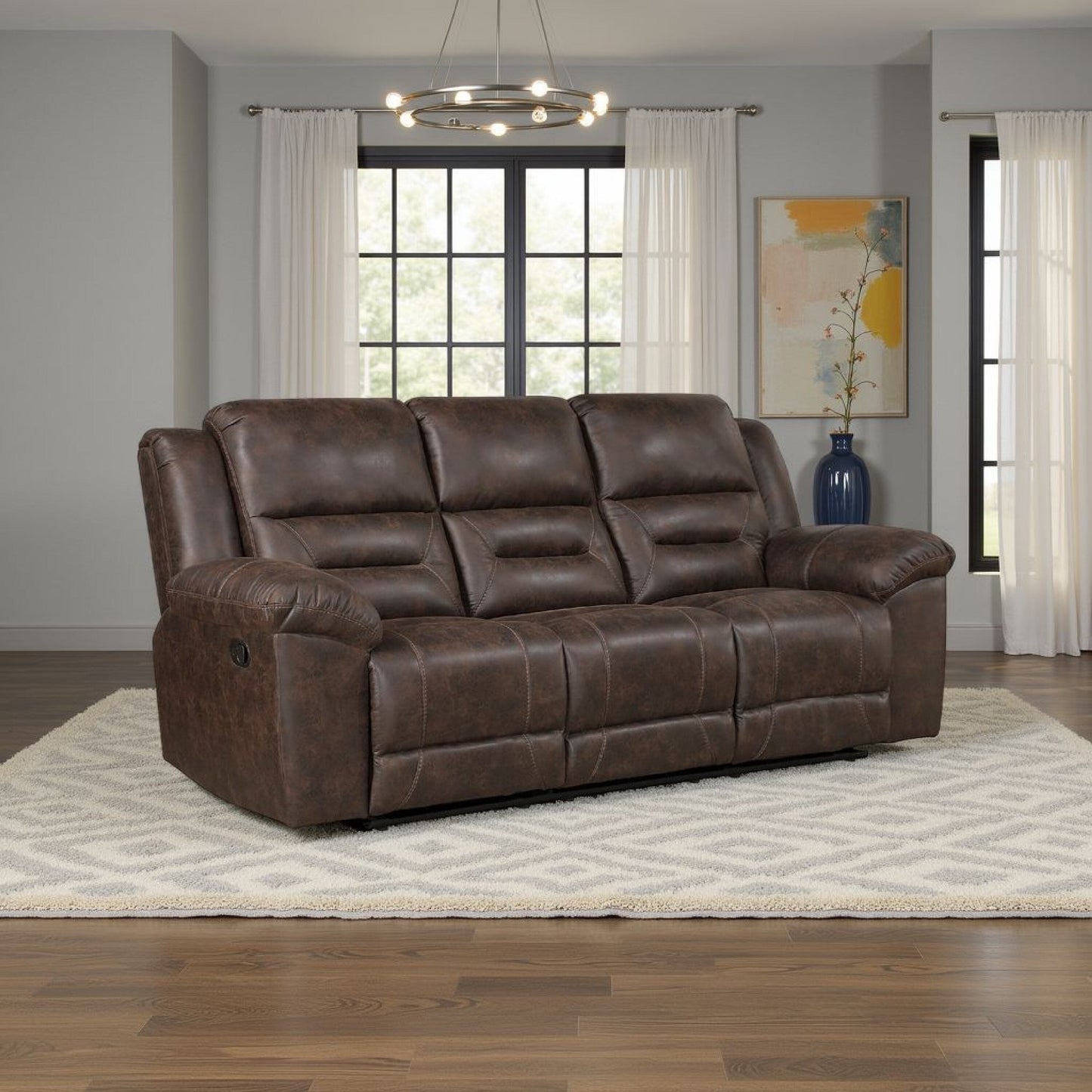 Henry Manual Double Reclining Sofa, Pillow Tuft Dark Brown Microfiber