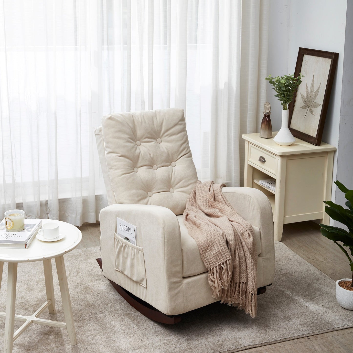 High-Back Adjustable Reclining Sofa Chair with Solid Wood Legs, Side Storage Pockets, and Enhanced Comfort for Balcony