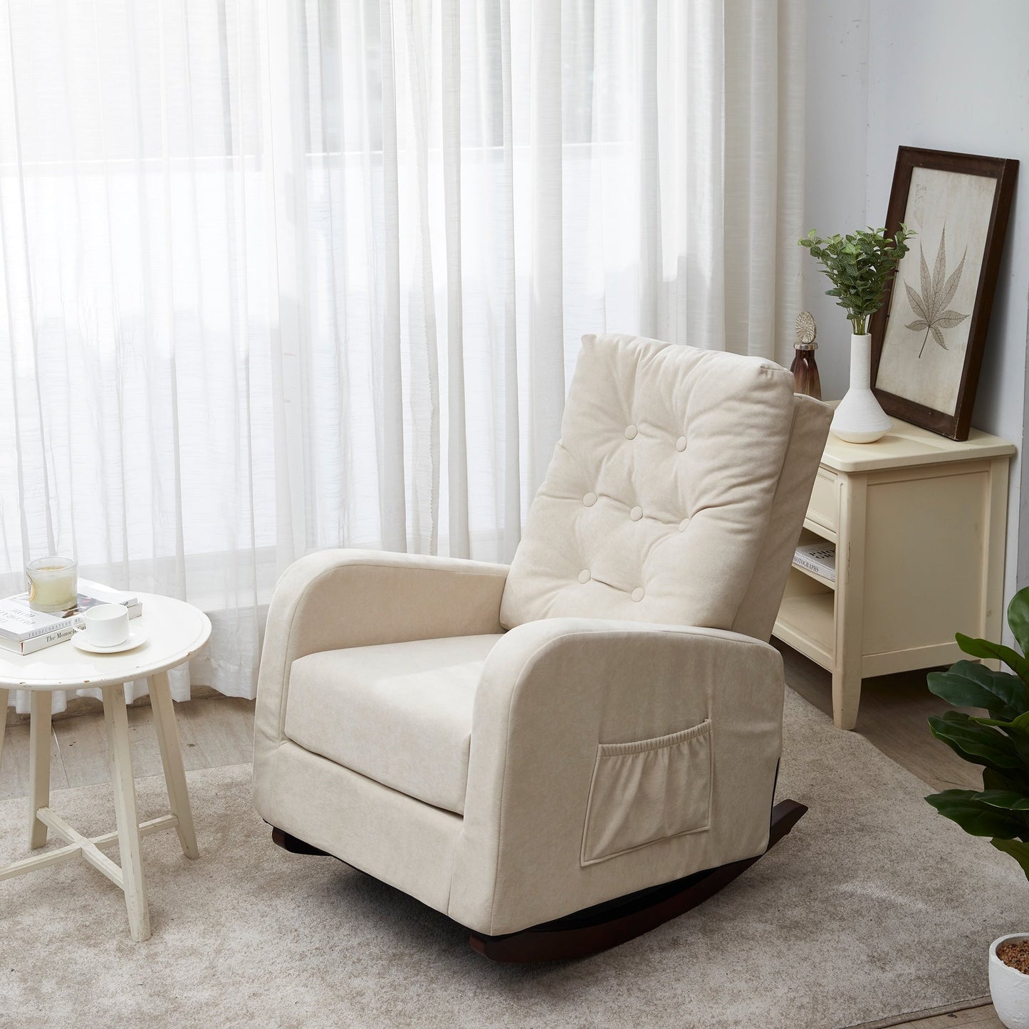 High-Back Adjustable Reclining Sofa Chair with Solid Wood Legs, Side Storage Pockets, and Enhanced Comfort for Balcony