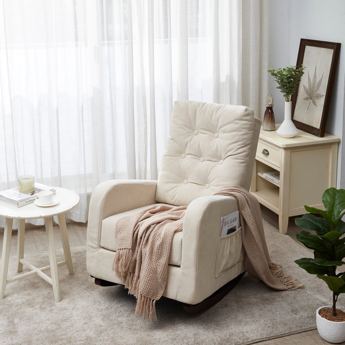 High-Back Adjustable Reclining Sofa Chair with Solid Wood Legs, Side Storage Pockets, and Enhanced Comfort for Balcony