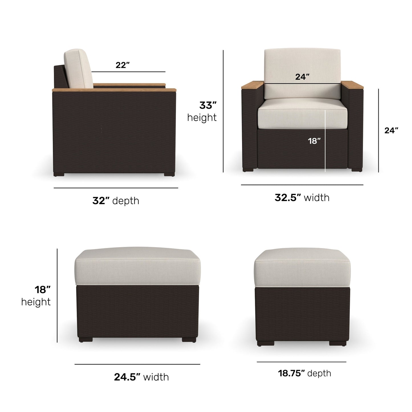 4-Piece Palm Springs Outdoor Rattan Armchair and Ottoman Set with Cushions by Homestyles