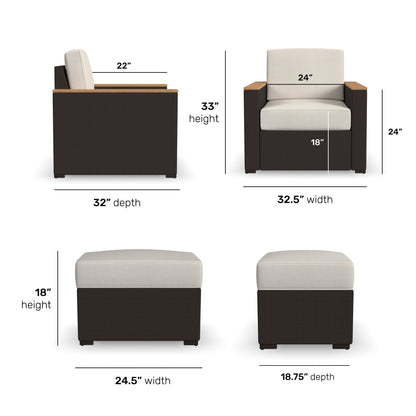4-Piece Palm Springs Outdoor Rattan Armchair and Ottoman Set with Cushions by Homestyles