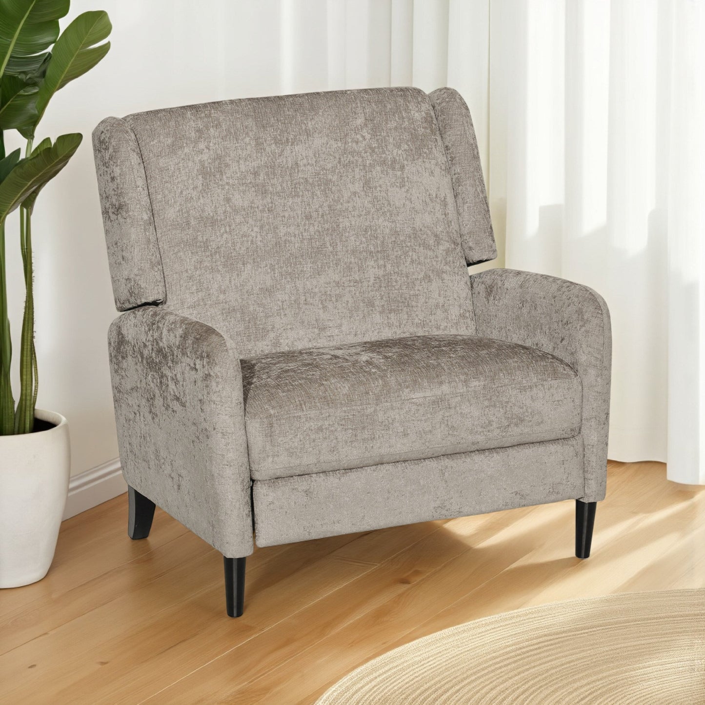 Howie Pushback Manual Recliner Chair, Dark Brown Wood, Textured Beige