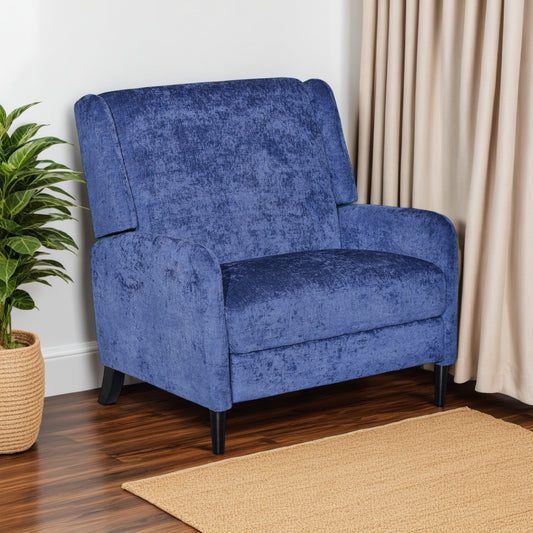 Howie Pushback Manual Recliner Chair, Dark Brown Wood, Textured Navy Blue