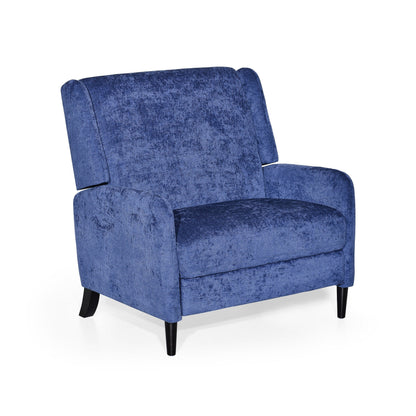 Howie Pushback Manual Recliner Chair, Dark Brown Wood, Textured Navy Blue